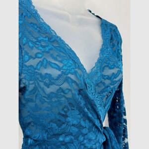 vtg y2k Moda International Lace Wrap Top Womens sz S Teal Sheer Fairy Grunge